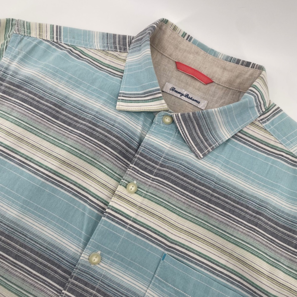 Tommy Bahama Button Down Men Large Blue Striped Short Sleeve Cotton Casual Shirt